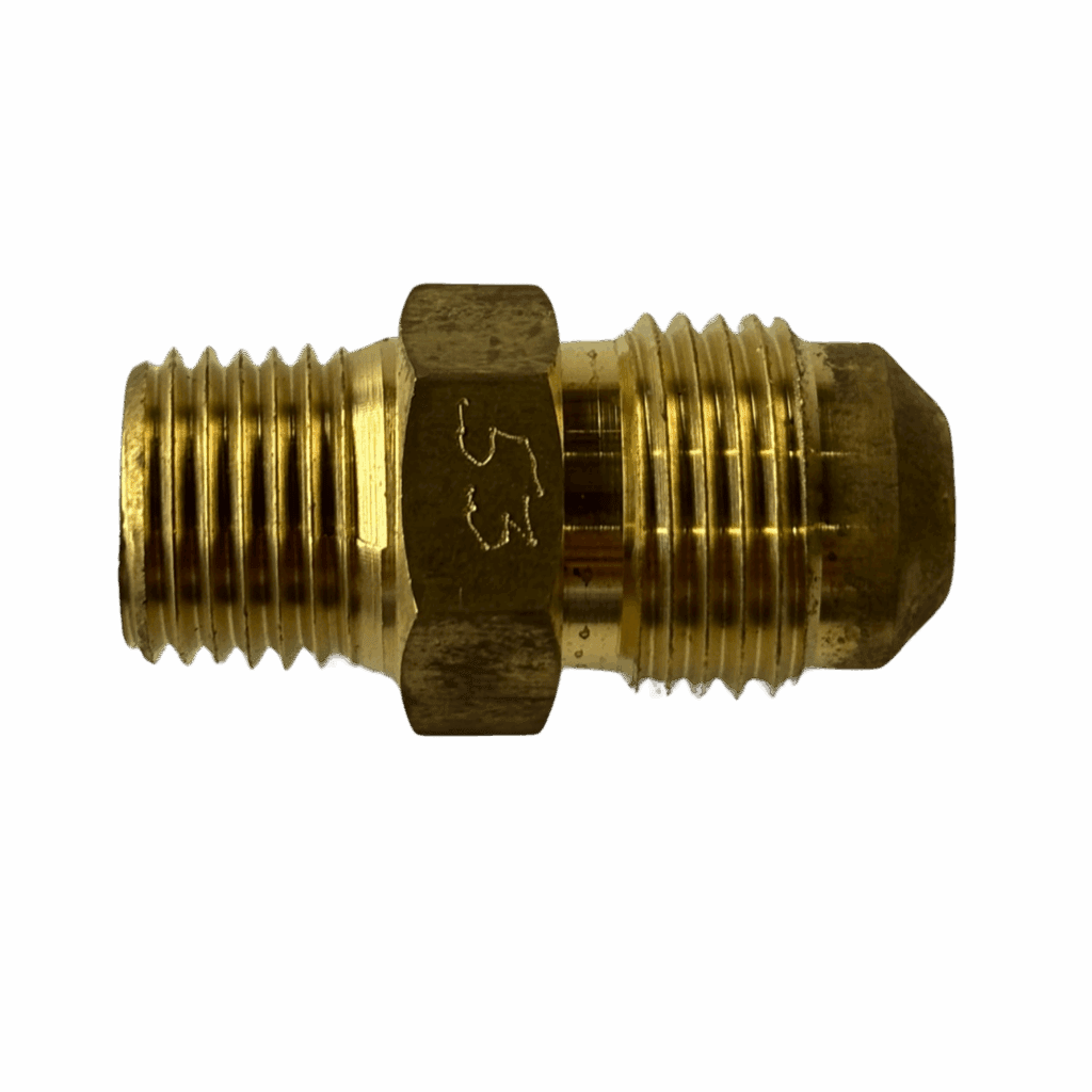 A brass threaded pipe fitting connector.