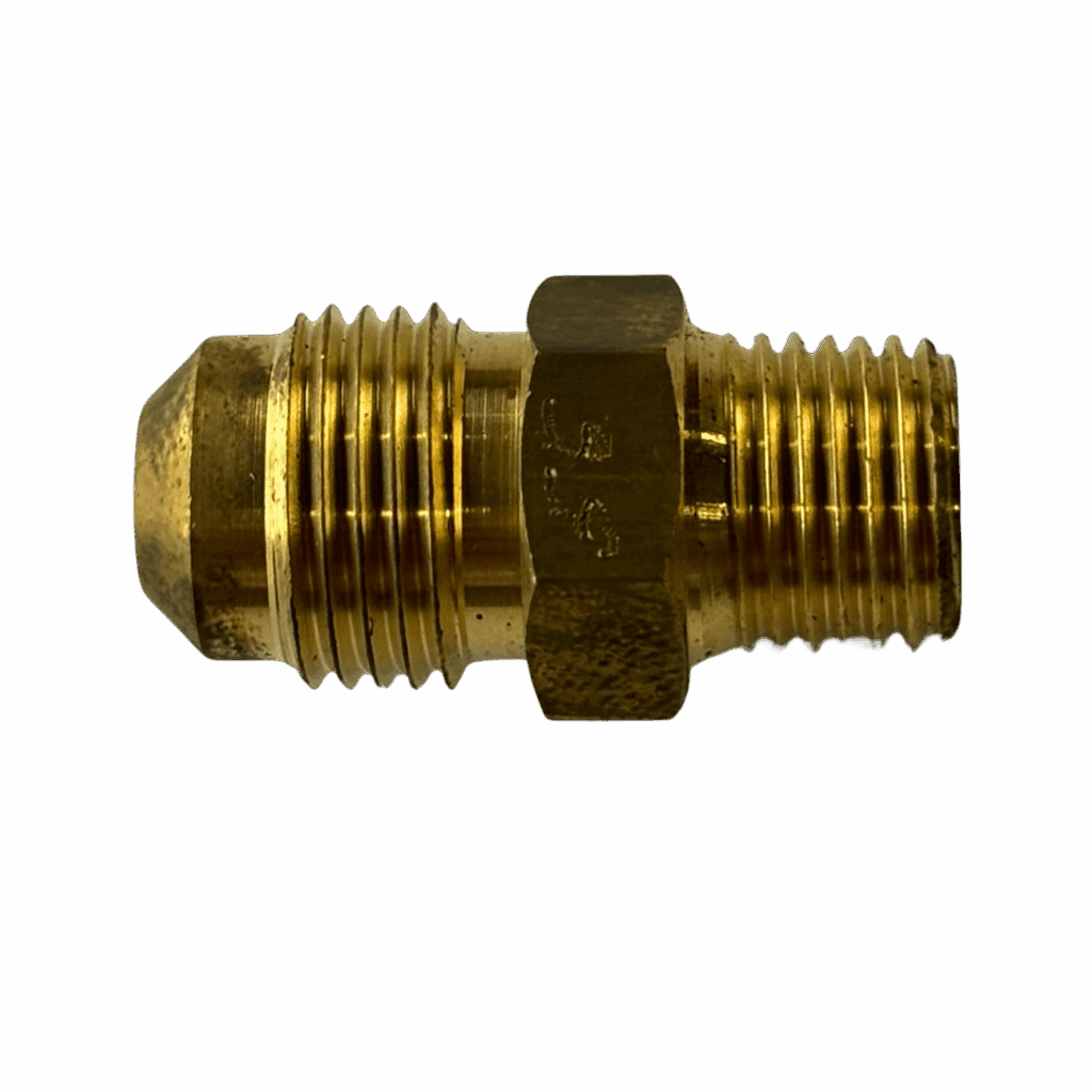 A brass pipe fitting adapter with threaded ends.
