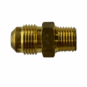 A brass pipe fitting adapter with threaded ends.