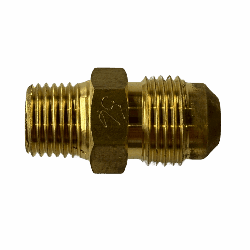 Close-up of a brass pipe fitting with threaded ends.
