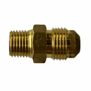 Close-up of a brass pipe fitting with threaded ends.