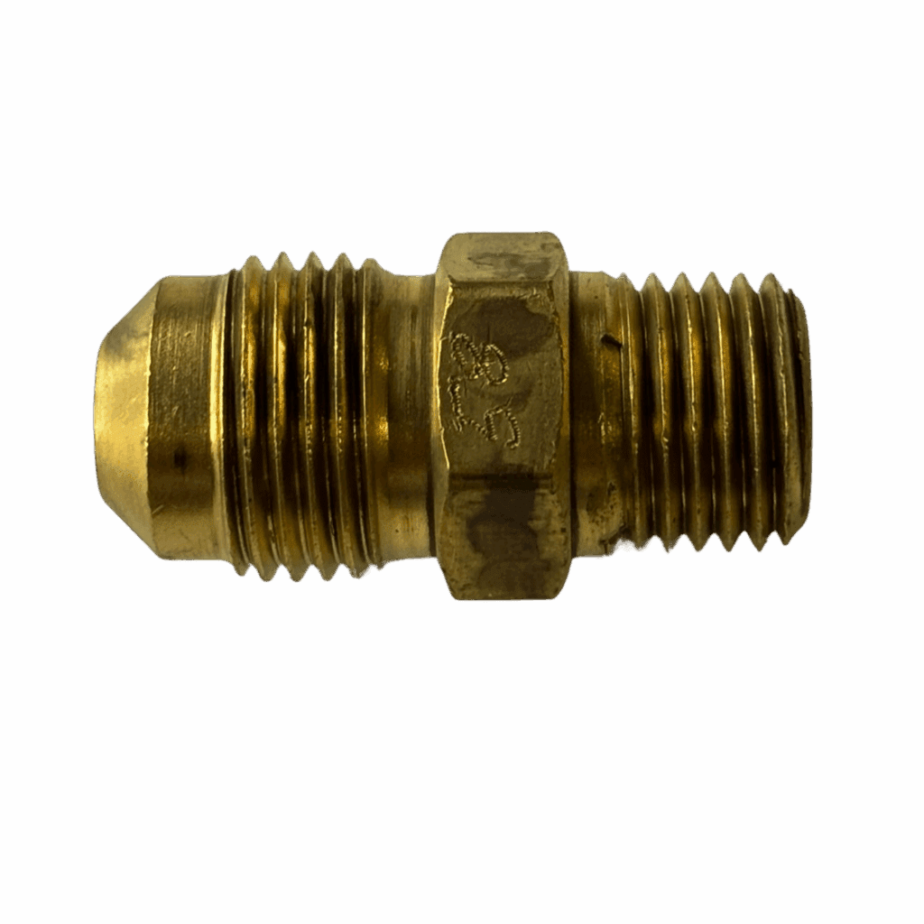 Brass pipe fitting with threaded ends on a plain background.