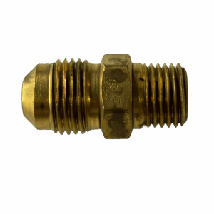 Brass pipe fitting with threaded ends on a plain background.