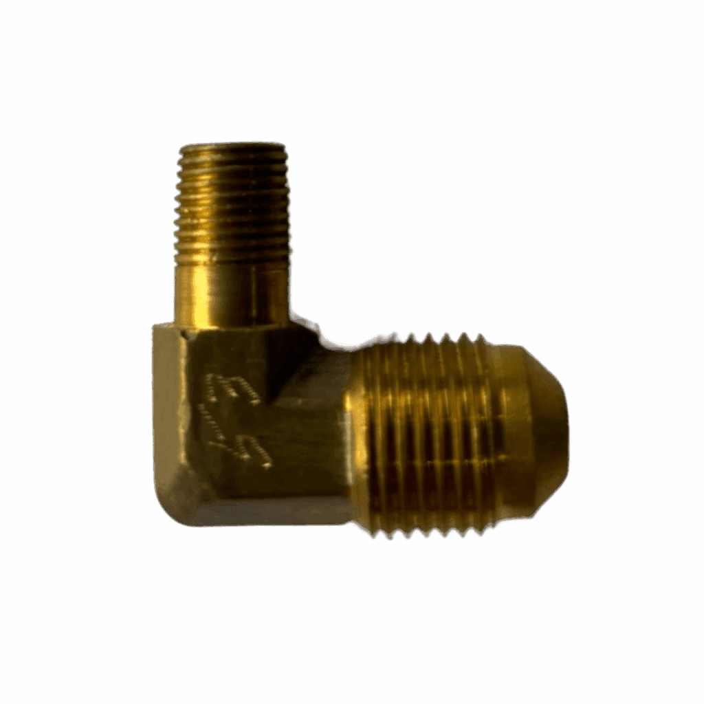 Brass 90-degree elbow pipe fitting with threaded ends.