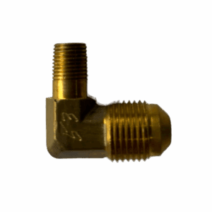 Brass 90-degree elbow pipe fitting with threaded ends.