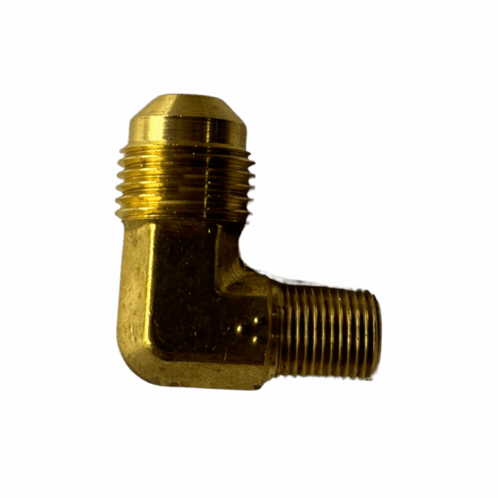 Brass pipe elbow fitting with threaded ends on a dark background.