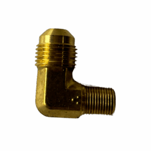Brass pipe elbow fitting with threaded ends on a dark background.