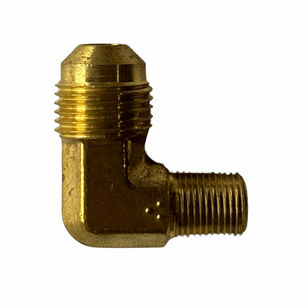 Brass elbow pipe fitting with threaded ends on a brown background.