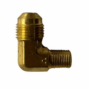 Brass elbow pipe fitting with threaded ends on a brown background.
