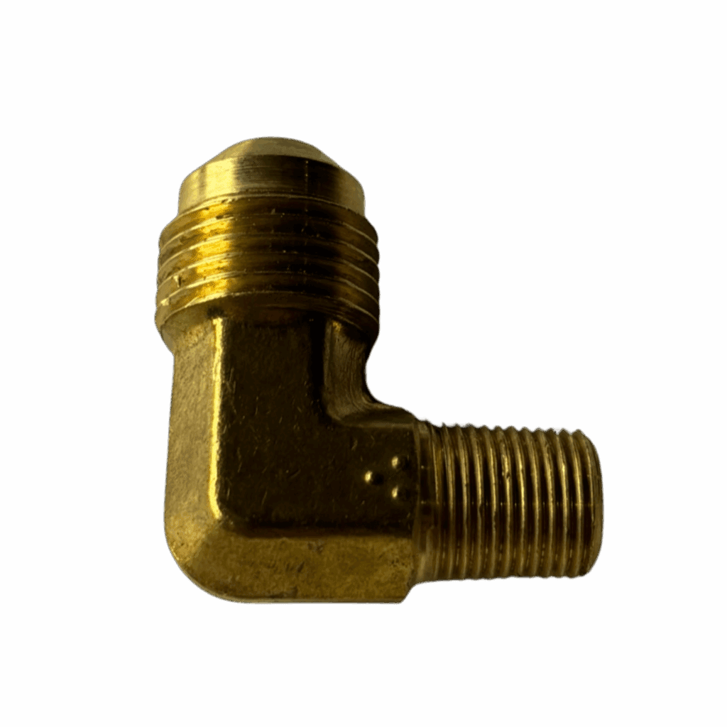 Brass elbow pipe fitting with threaded ends against black background.
