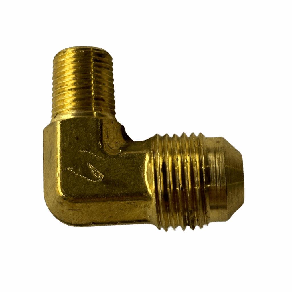 A brass elbow pipe fitting with threaded ends.