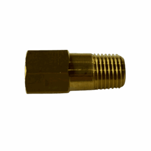 A brass pipe fitting with threaded ends.