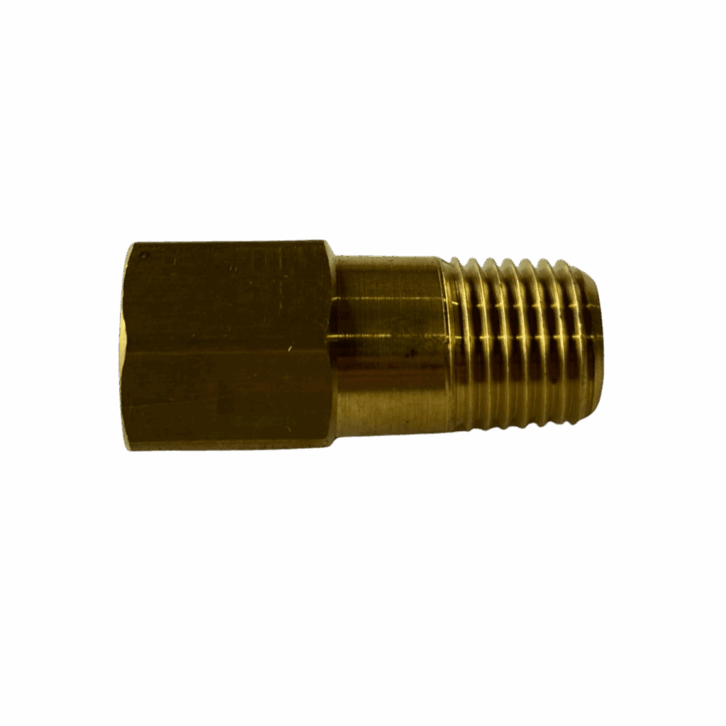 Brass threaded connector fitting with hexagonal nut.