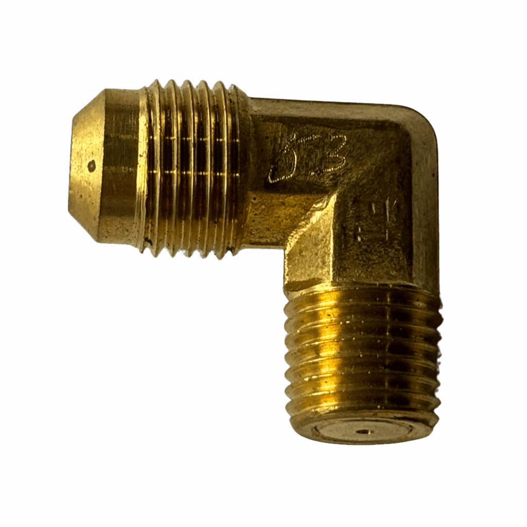 Brass 90-degree elbow pipe fitting with threaded ends.