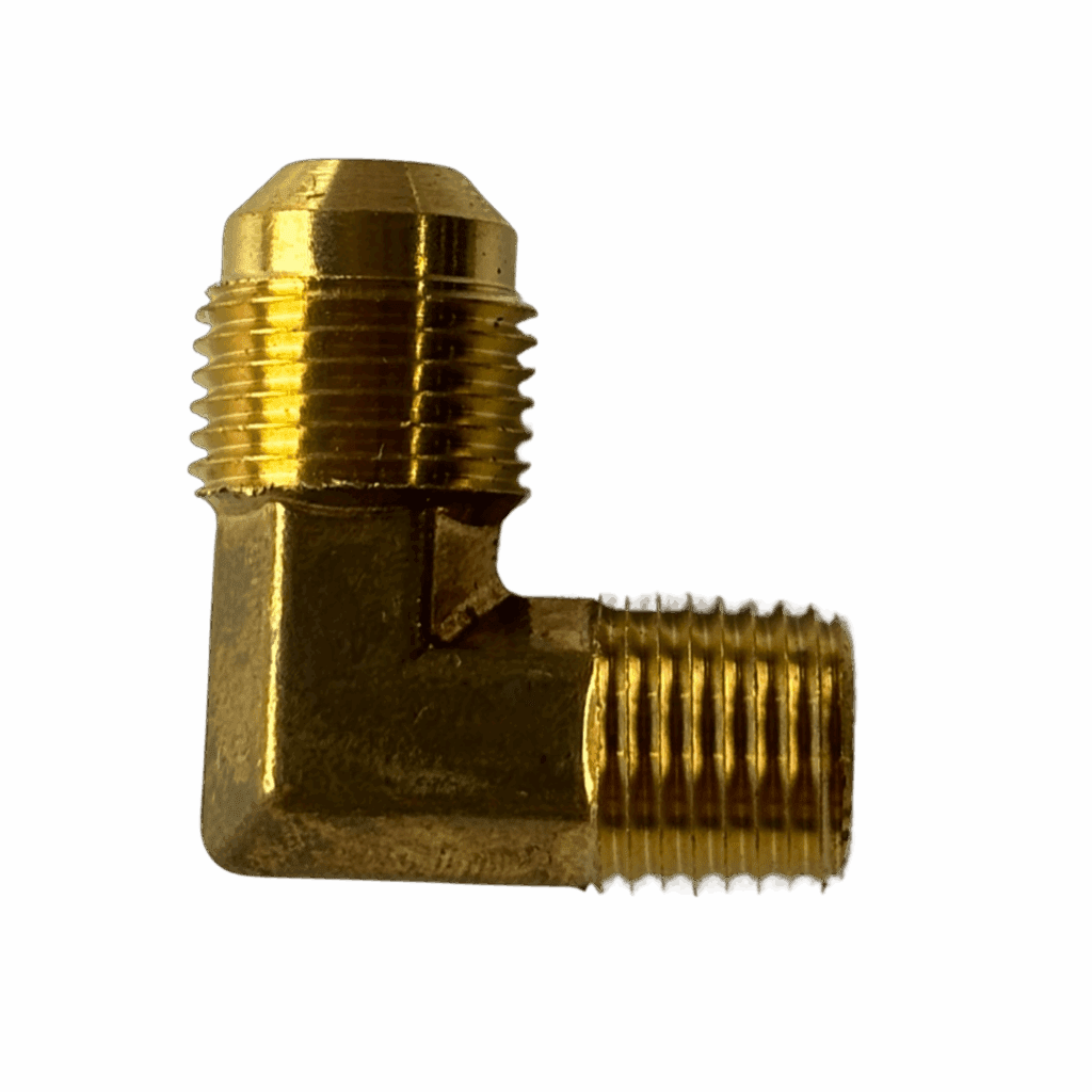 A brass 90-degree pipe fitting with threaded ends.