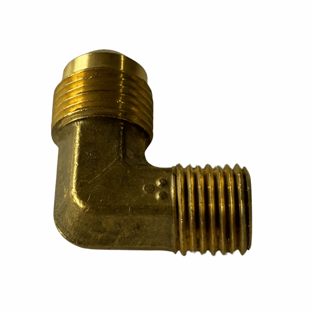 Brass pipe elbow fitting with threaded ends.