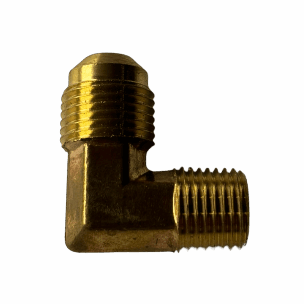Brass elbow pipe fitting with threaded ends on black background.