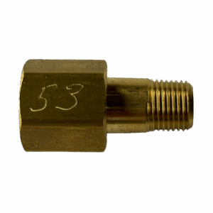 A brass valve fitting with engraved numbers and threaded end.