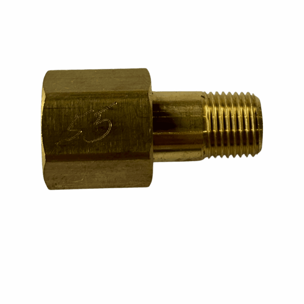 A brass threaded pipe fitting with male and female ends.
