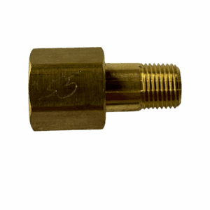 A brass threaded pipe fitting with male and female ends.