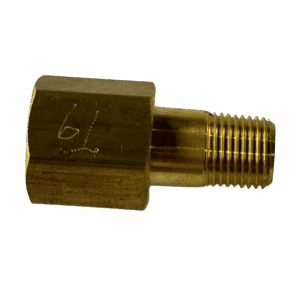 Close-up of a brass pipe fitting with threaded ends.