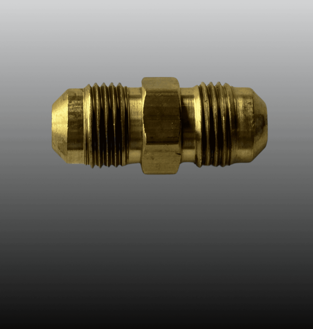 Brass pipe fitting with hexagonal center and threaded ends.