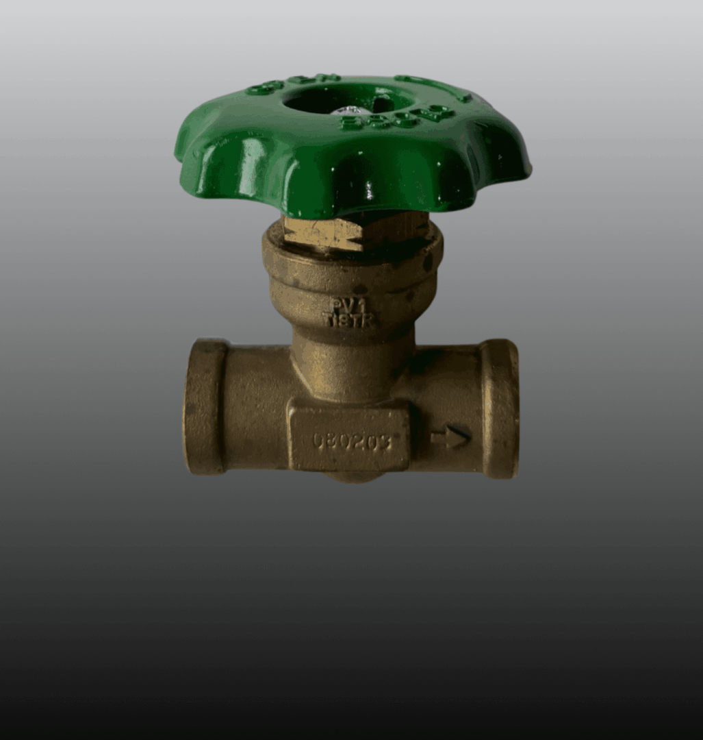 Green-handled valve with brass body against a gradient background.