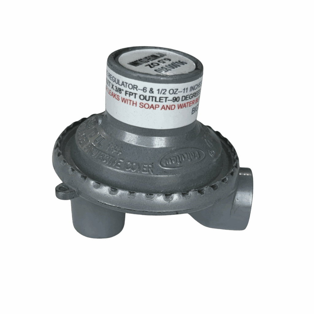 Metal gas regulator with adjustment knob and connection ports.