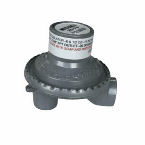 Metal gas regulator with adjustment knob and connection ports.