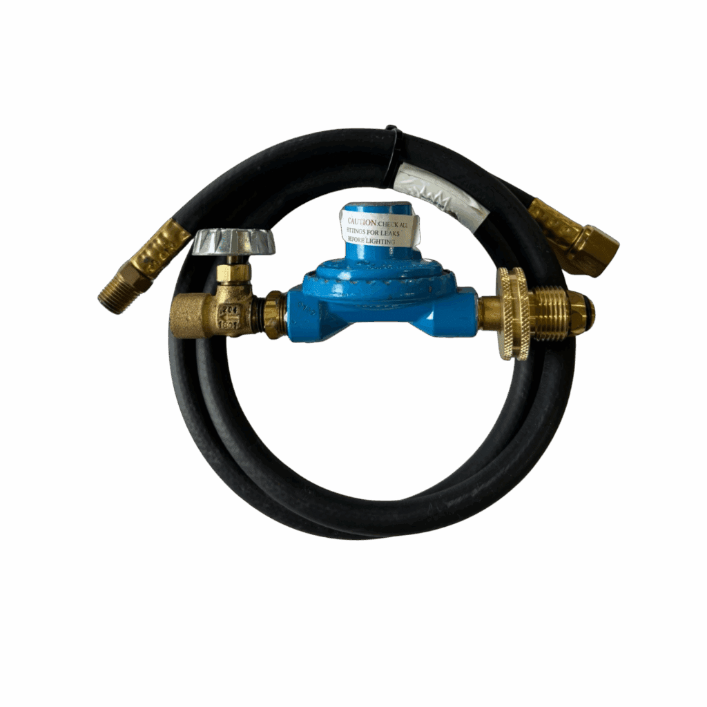 A coiled black hose with a blue water meter and brass fittings.