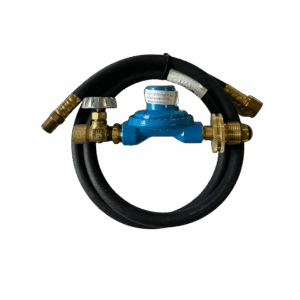 A coiled black hose with a blue water meter and brass fittings.