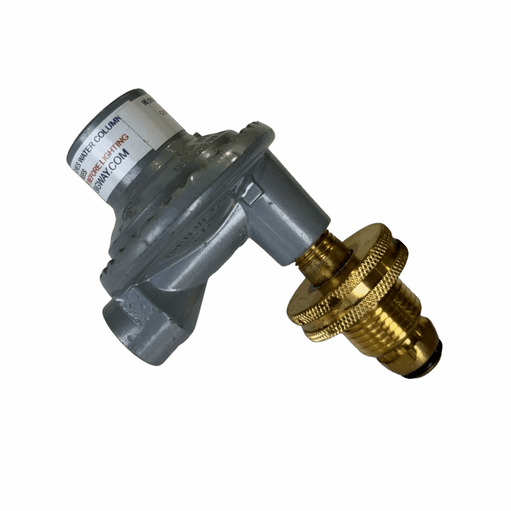 Metal valve with a brass threaded connector and gray body.