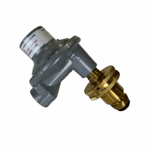 Metal valve with a brass threaded connector and gray body.