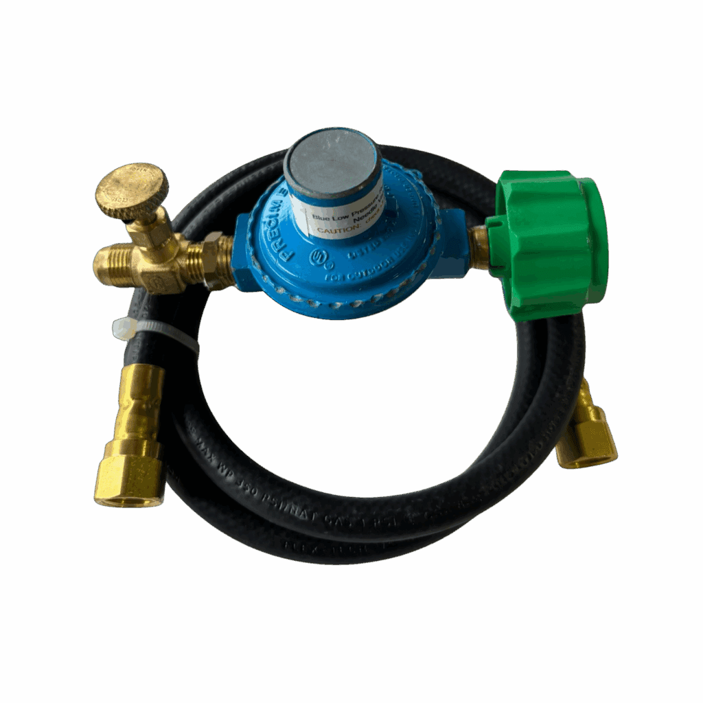 A gas regulator with a hose and valves for controlling gas flow.