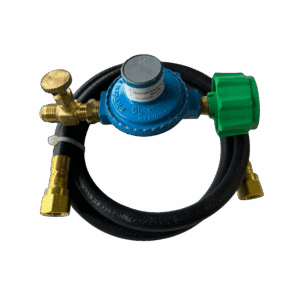 A gas regulator with a hose and valves for controlling gas flow.