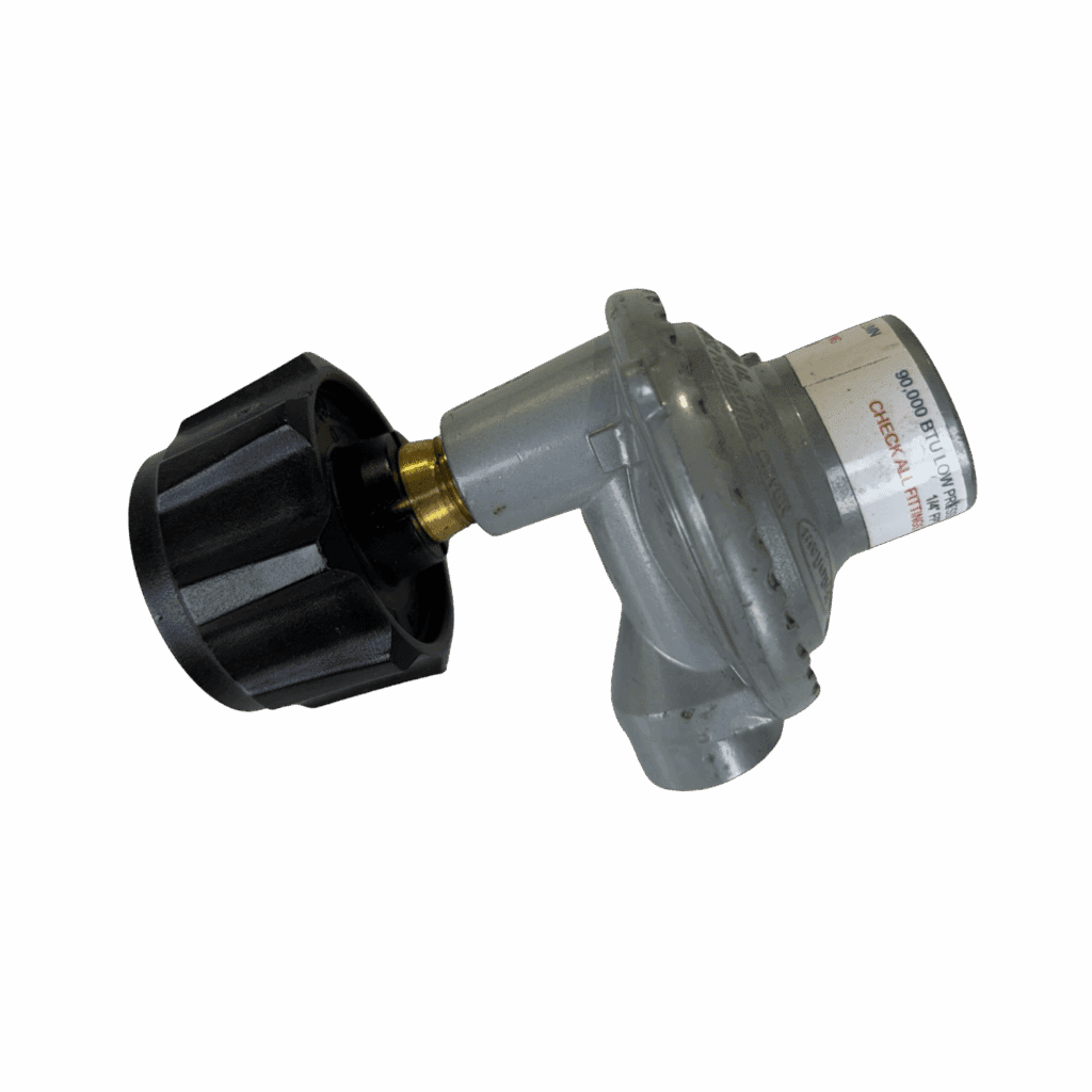 A mechanical component with a black knob and metallic body.