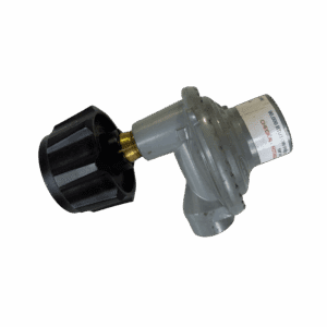 A mechanical component with a black knob and metallic body.