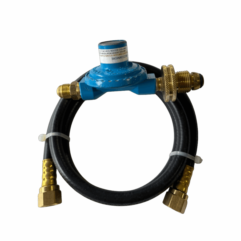 Blue water meter with attached black hose and brass fittings.