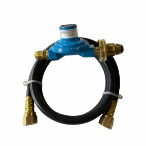 Blue water meter with attached black hose and brass fittings.
