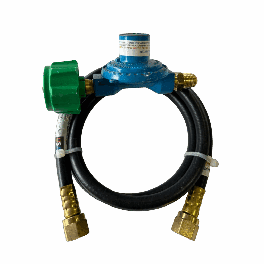 A coiled black hose with brass fittings and a blue-green valve on a gray background.