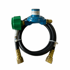 A coiled black hose with brass fittings and a blue-green valve on a gray background.