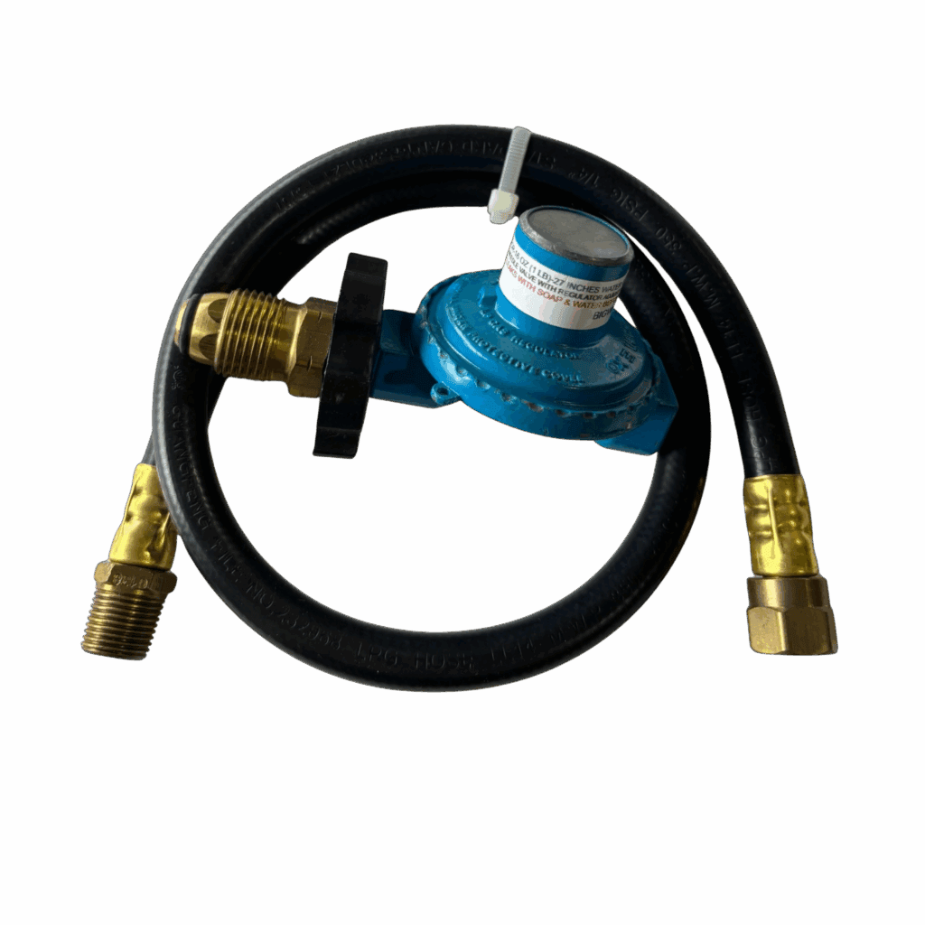 A blue gas regulator with attached black hose and brass fittings.