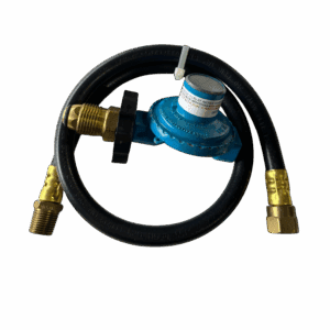 A blue gas regulator with attached black hose and brass fittings.