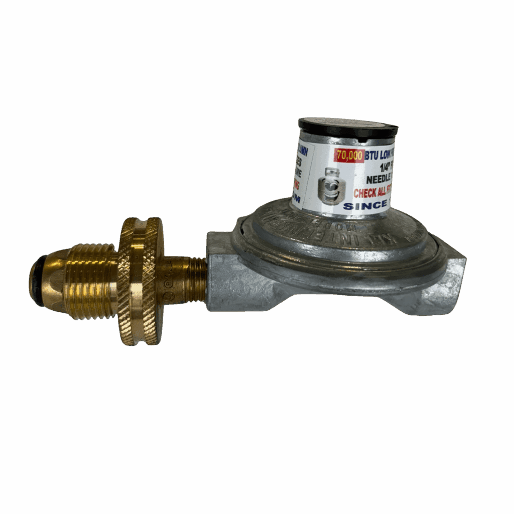 A brass and metal gas regulator with adjustment knob.