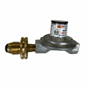 A brass and metal gas regulator with adjustment knob.