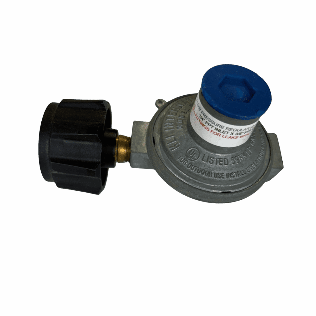 A metallic gas regulator with a black knob and a blue cap.