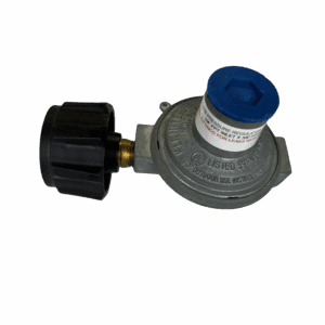 A metallic gas regulator with a black knob and a blue cap.