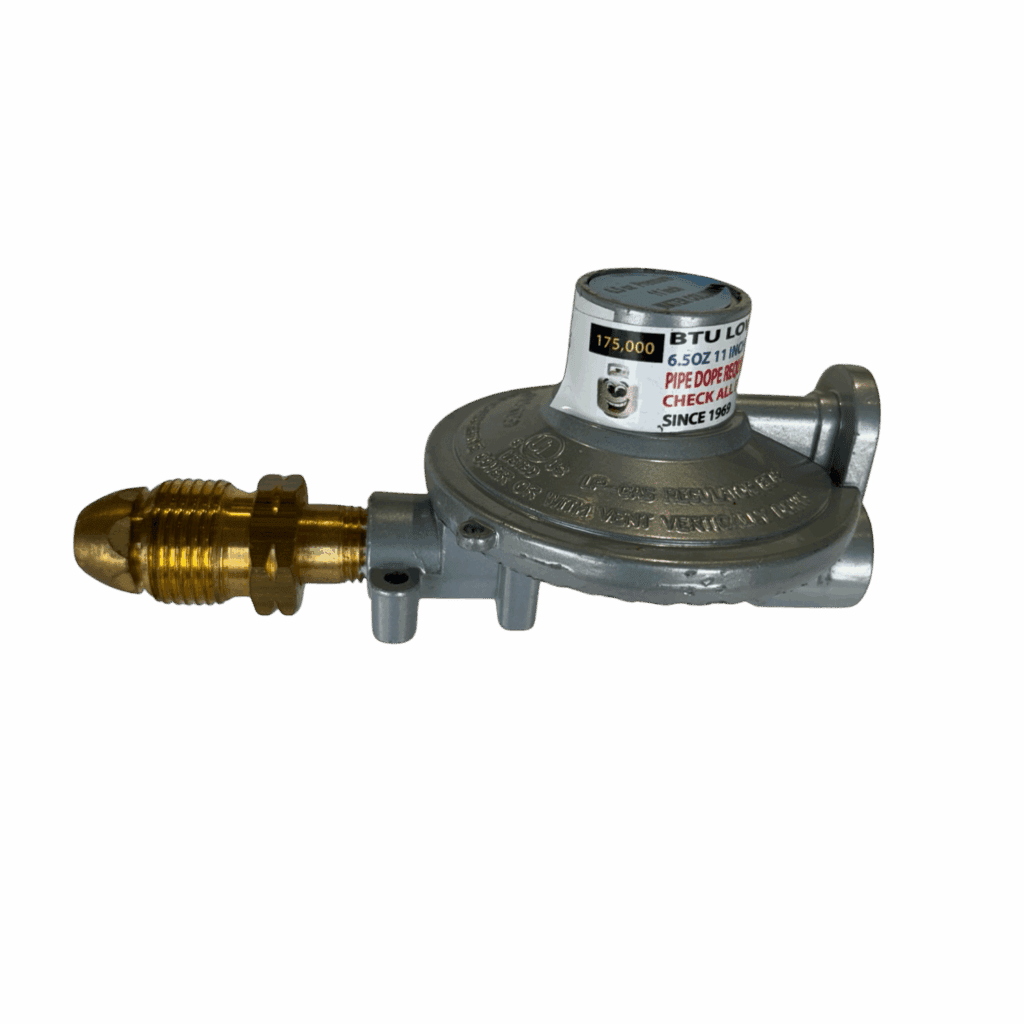 A metal gas regulator with a brass connector against a plain background.