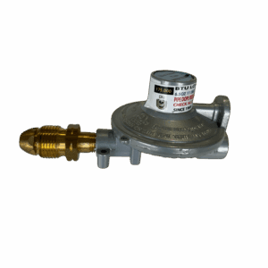 A metal gas regulator with a brass connector against a plain background.