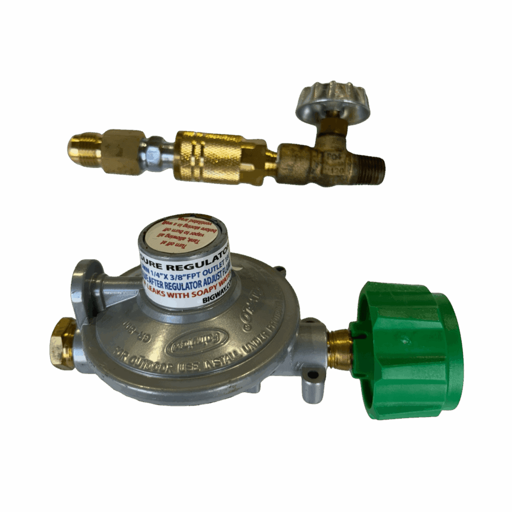 A brass and metal gas regulator with a green knob and valve.